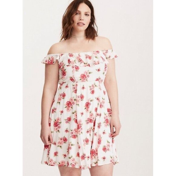 Torrid Off Shoulder Mini Floral‎ Skater Dress Size 14 White Pink - Picture 1 of 10